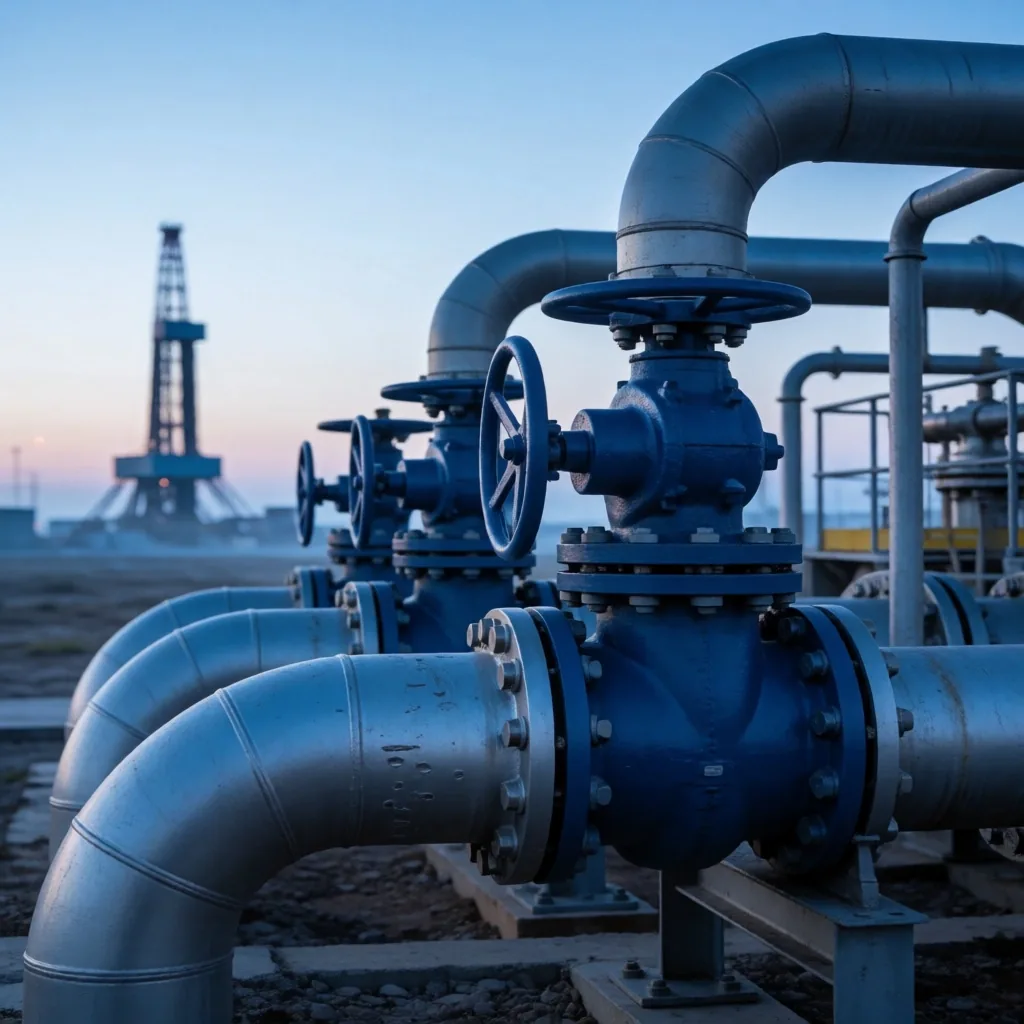 Infraestructura de gasoductos en la región de Vaca Muerta al amanecer