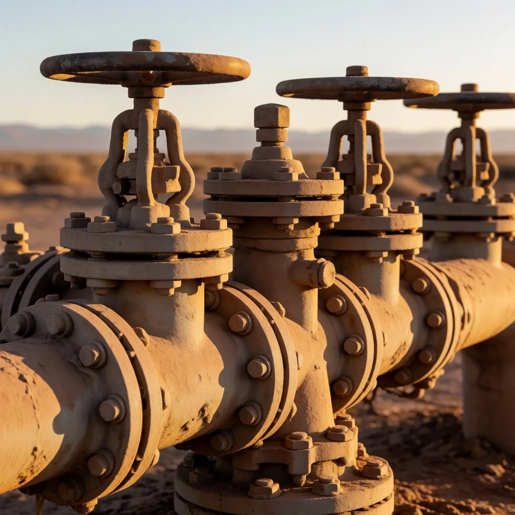Gasoducto de acero en terreno árido patagónico al atardecer