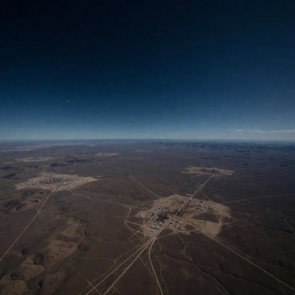 Vista aérea de la cuenca Vaca Muerta al amanecer