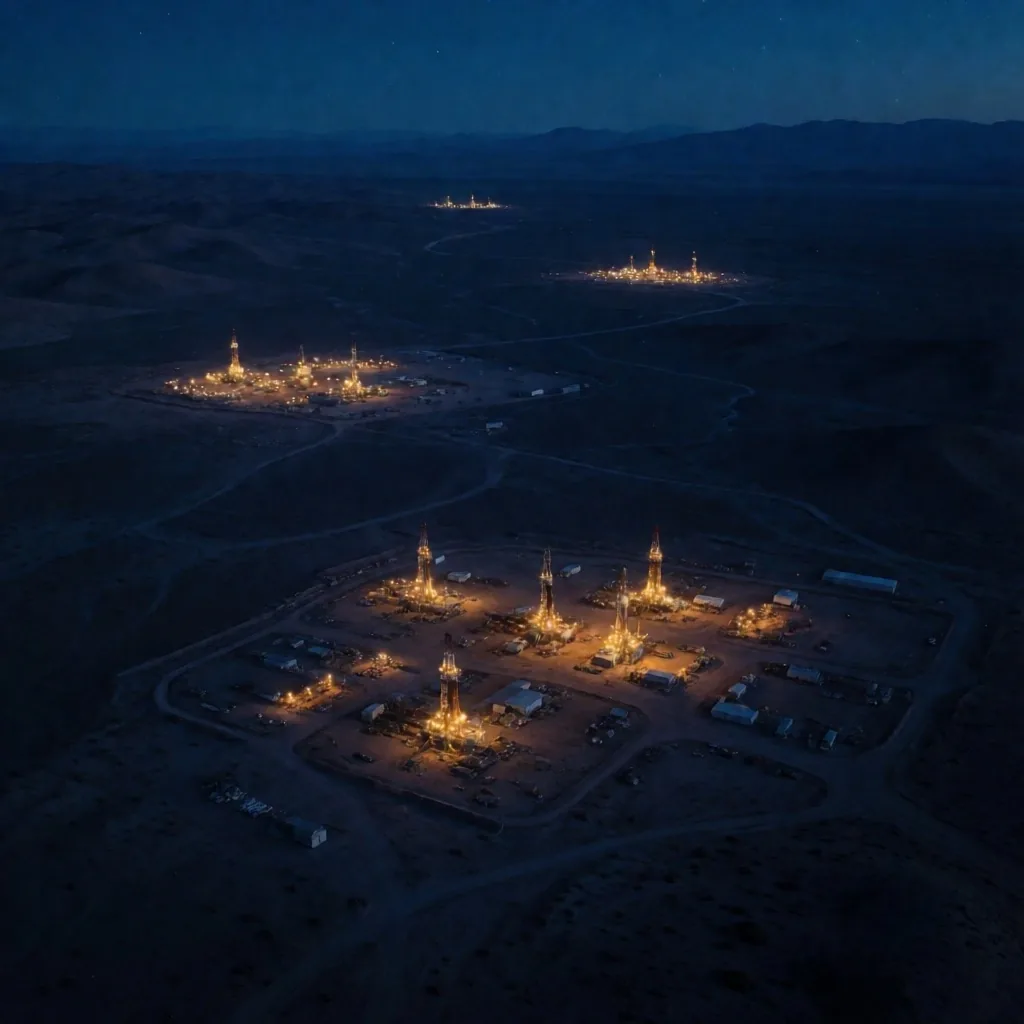 Vista satelital nocturna de instalaciones en Vaca Muerta