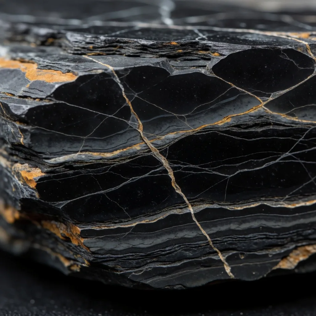 Macro de roca lutita bituminosa de Vaca Muerta mostrando estrías sedimentarias y venas minerales