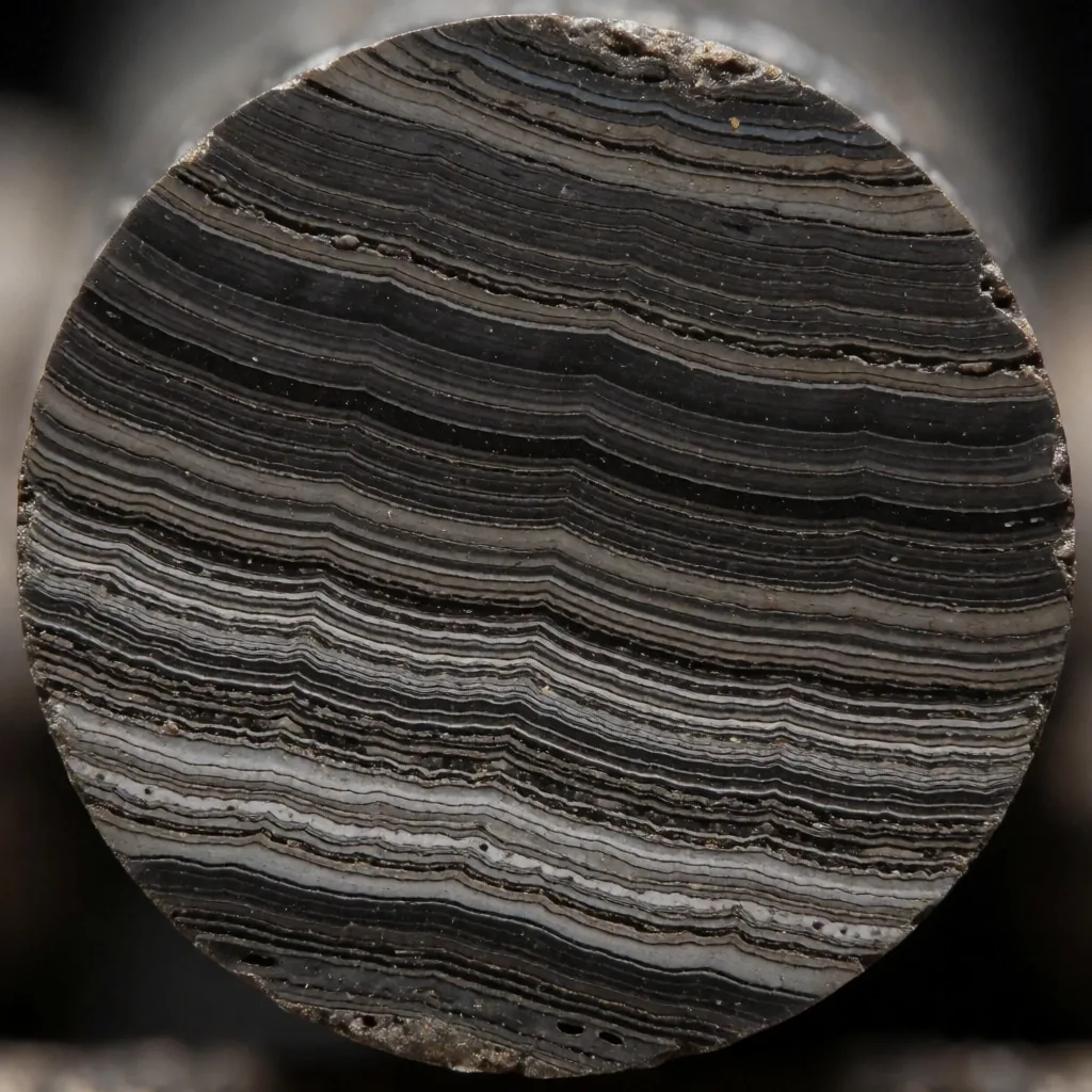 Sección transversal de muestra de lutita mostrando porosidad microscópica y materia orgánica
