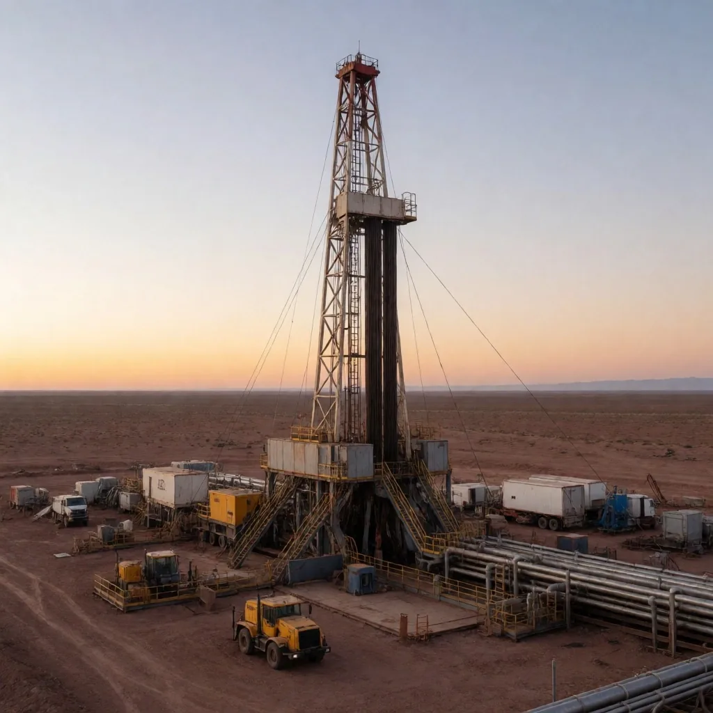 Torre de perforación horizontal al amanecer en la cuenca de Vaca Muerta