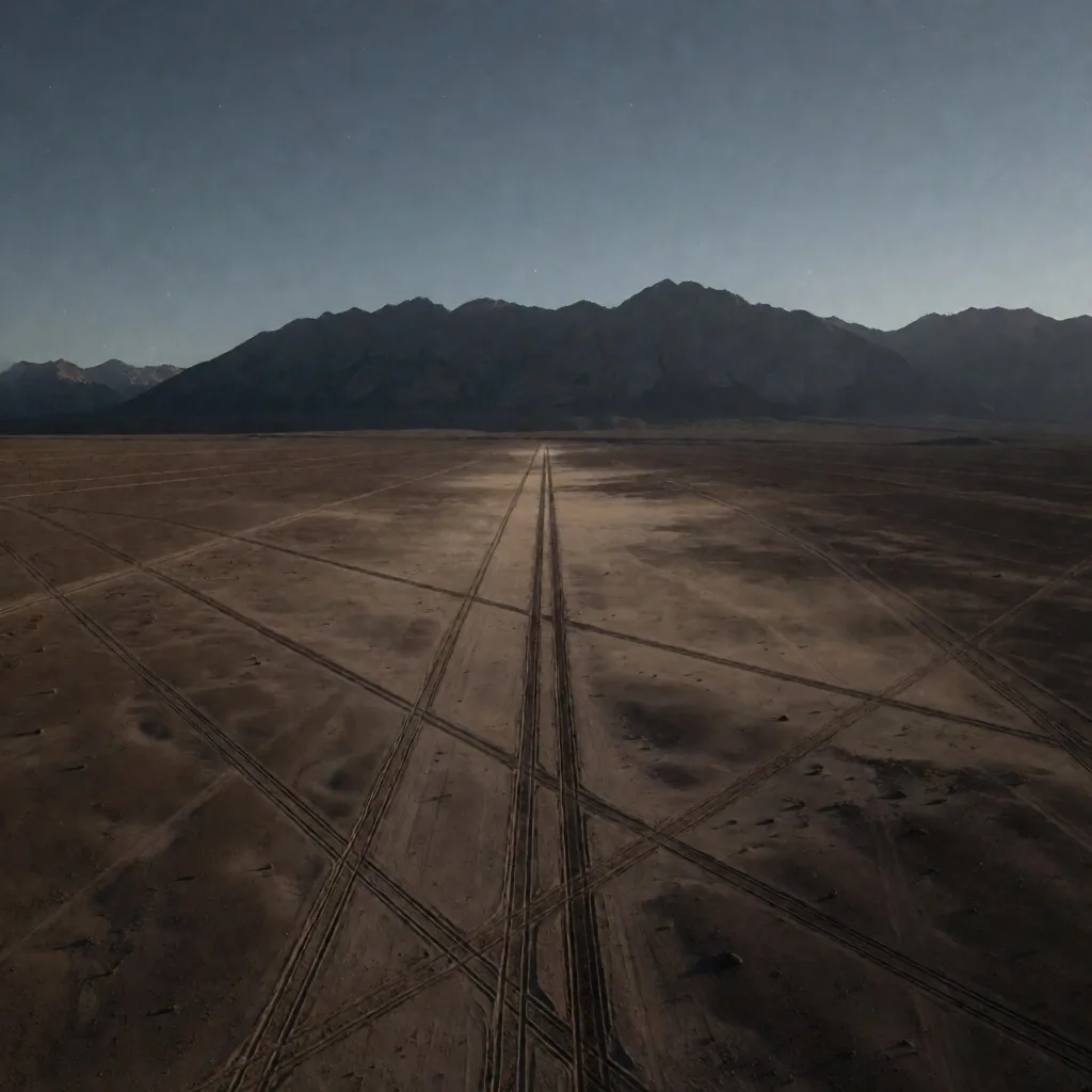 Vista aérea al atardecer de líneas de exploración sísmica en el desierto patagónico de la cuenca neuquina