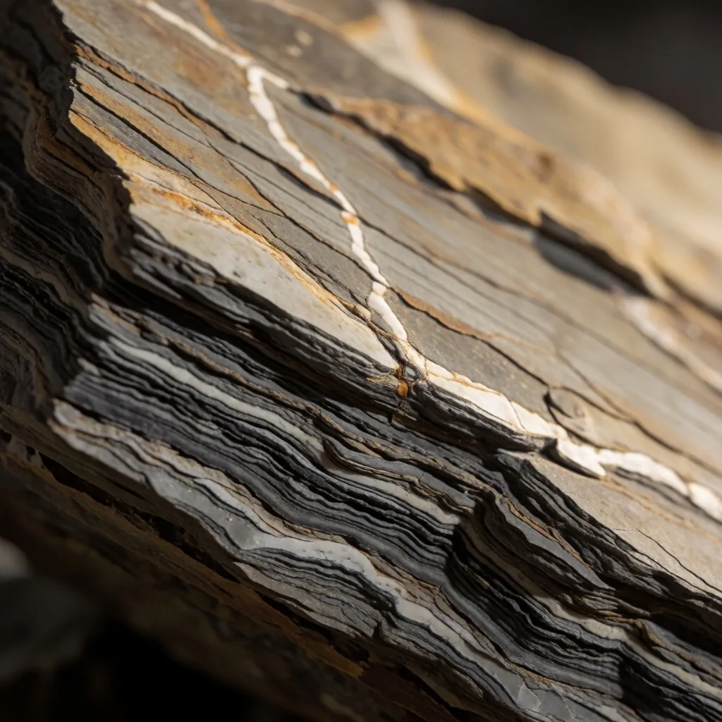 Macro de roca shale de Vaca Muerta mostrando vetas minerales