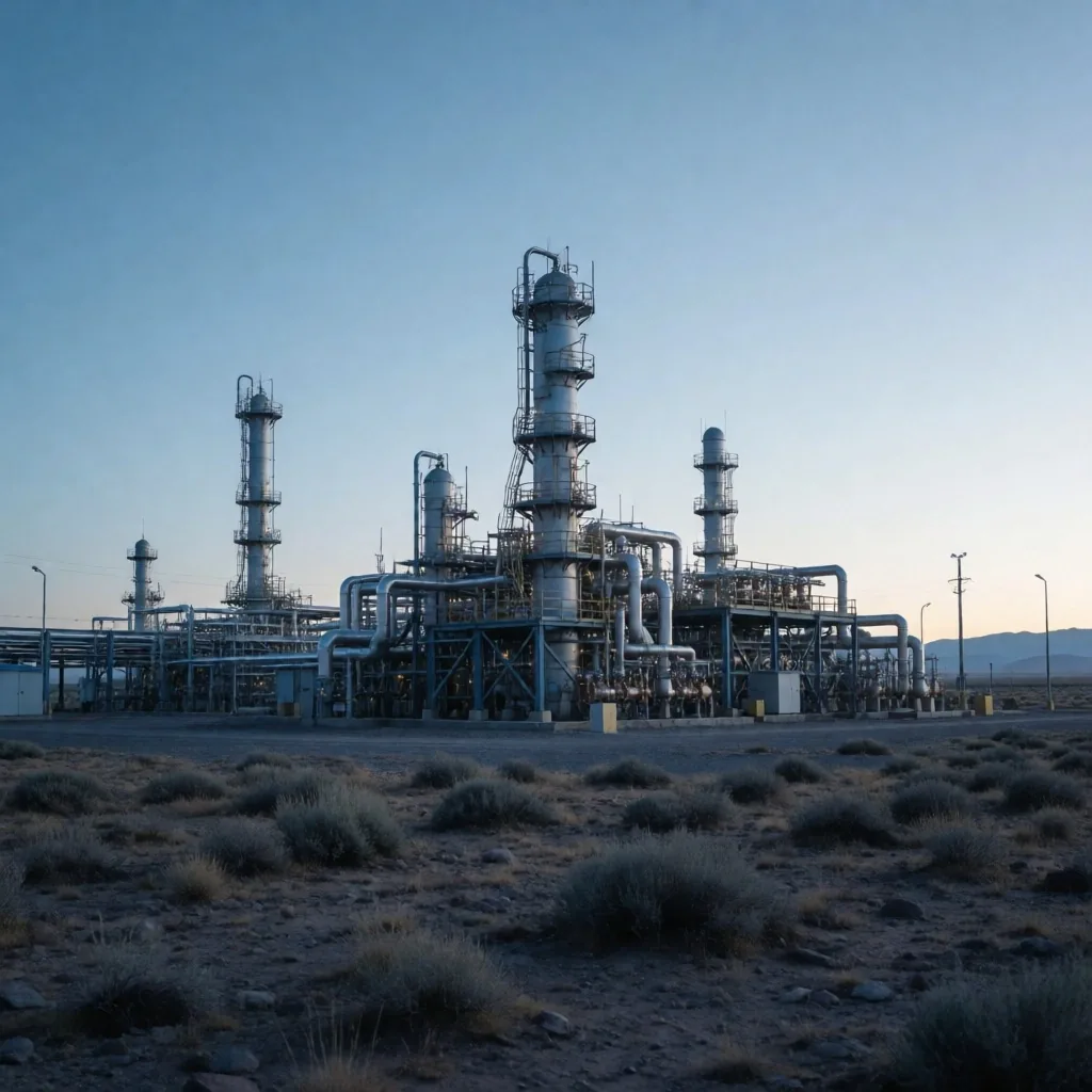 Planta de procesamiento de gas natural en la estepa patagónica al amanecer